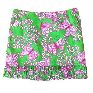 Lilly Pulitzer Size 2 Ruffled Hem A Line Mini Skirt Lime green Pink Butterflies